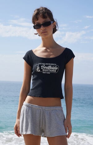 Black Southside Guitars Off-The-Shoulder Cropped T-Shirt image number 1