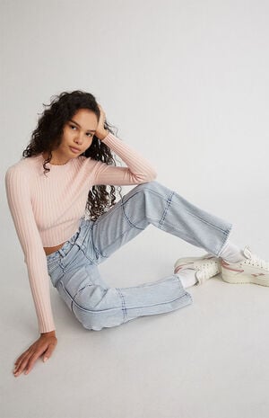 Light Blue Paneled Boyfriend Jeans image number 2