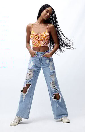 Light Blue Distressed High Waisted Baggy Jeans image number 4