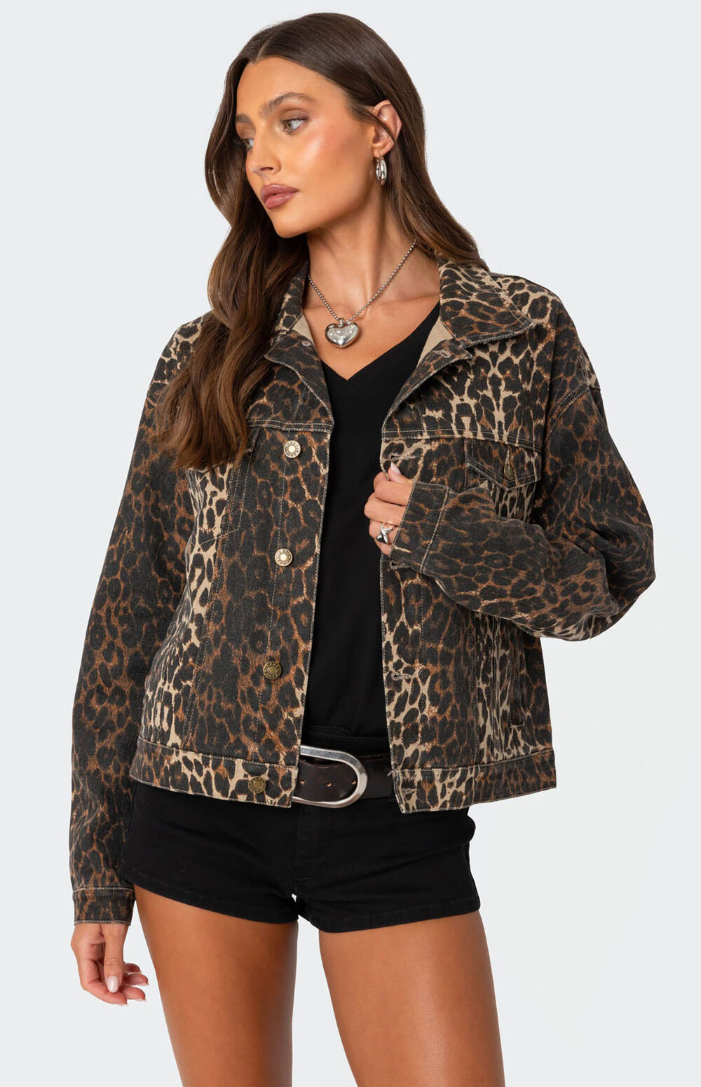 Leopard Print Raw Hem Denim Jacket