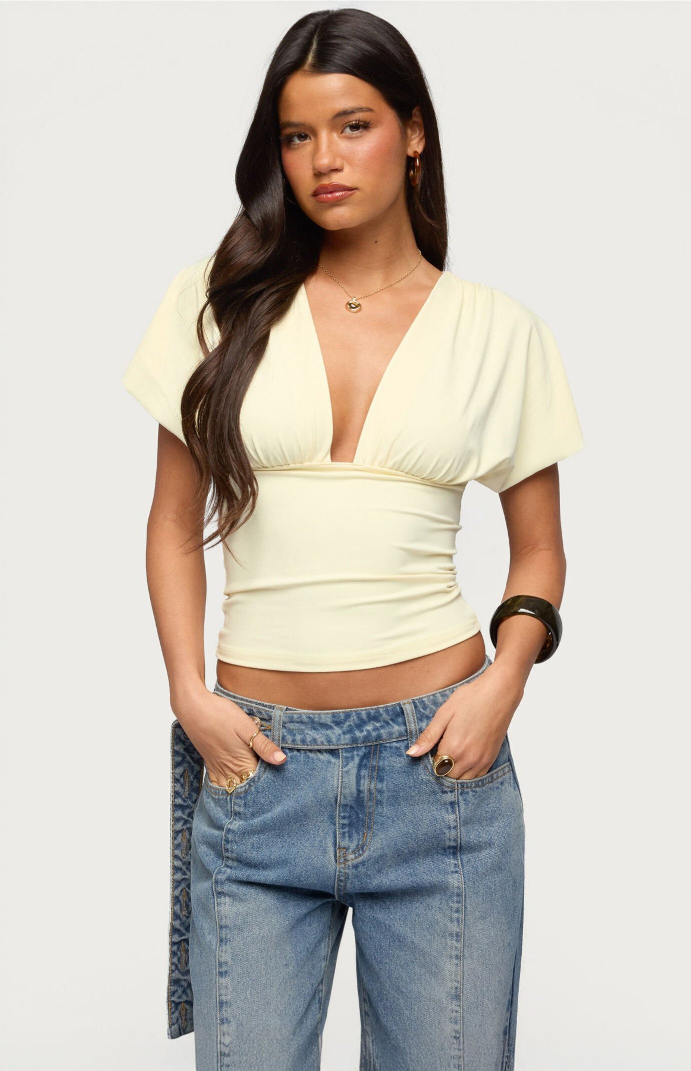 Edikted Flutter Plunging V Neck Top