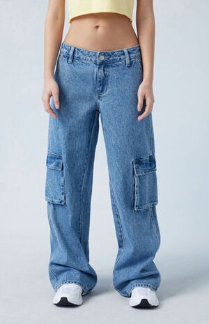 Eco Medium Indigo Low Rise Baggy Cargo Jeans