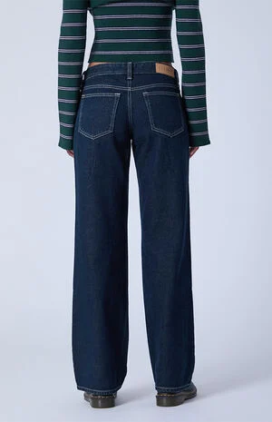 Sammy Ultimate Low Rise Straight Leg Jeans White Contrast Stitch Dark Blue image number 4