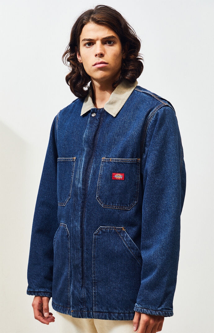 dickies denim zip front chore coat