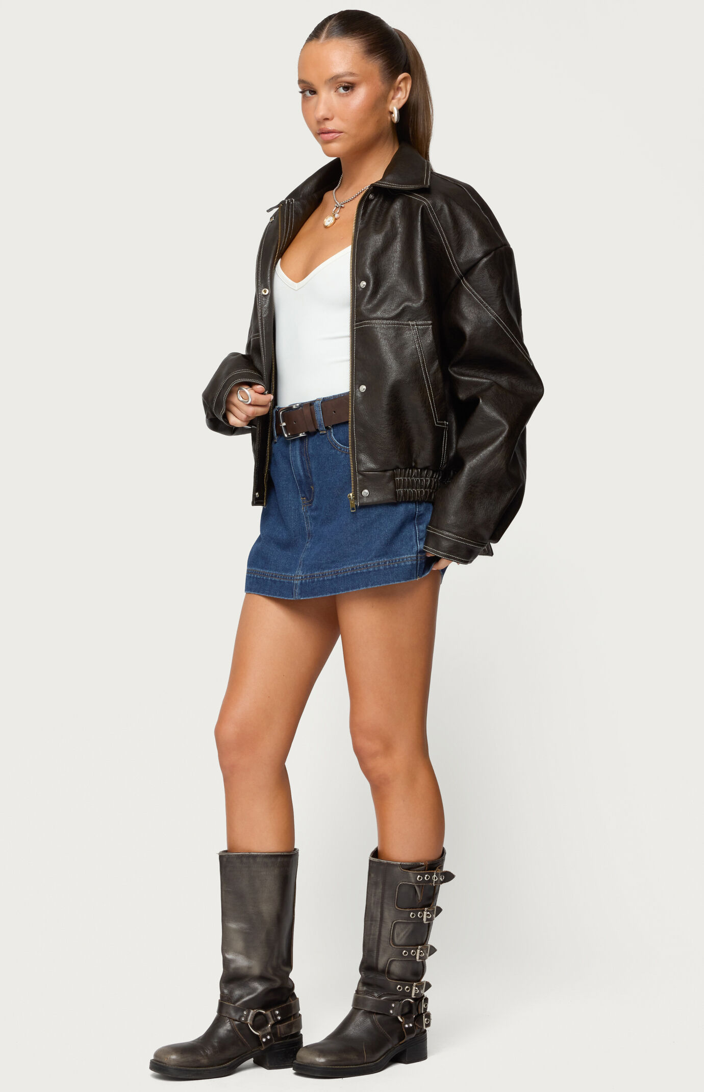 Edikted Jaxson Oversized Faux Leather Bomber Jacket | Pacsun