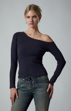 Violet Studded Neck Long Sleeve Top image number 2