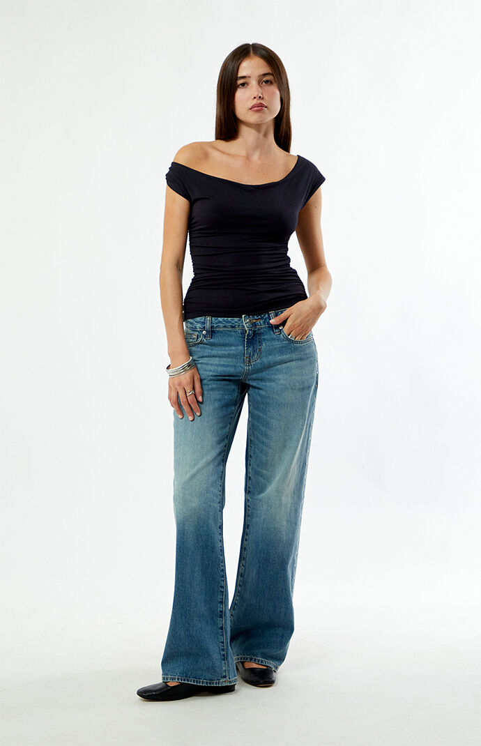 Pacsun Zoe Low Rise Girlfriend Jeans Rhinestone Stud Light Blue