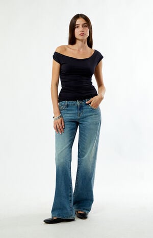 Zoe Low Rise Girlfriend Jeans Rhinestone Stud Light Blue image number 5