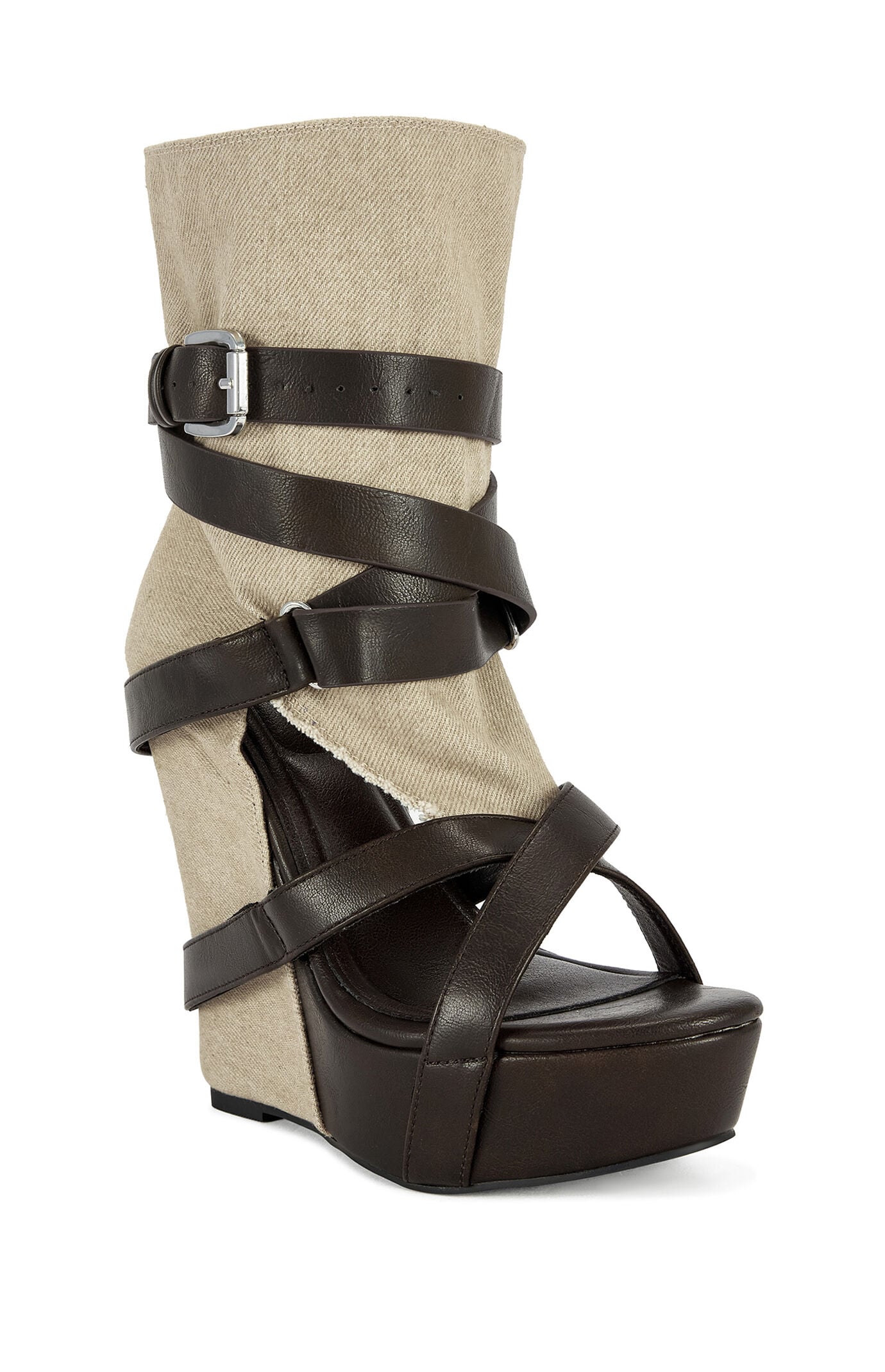 AZALEA WANG Women's Rothko Taupe Belted Wedge Sandals
