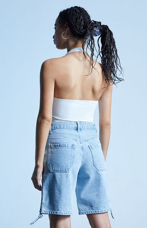 Light Blue High Waisted Denim Cargo Shorts image number 4
