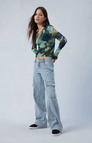 Eco Light Indigo Curved Low Rise Wide Leg Cargo Jeans image number 1