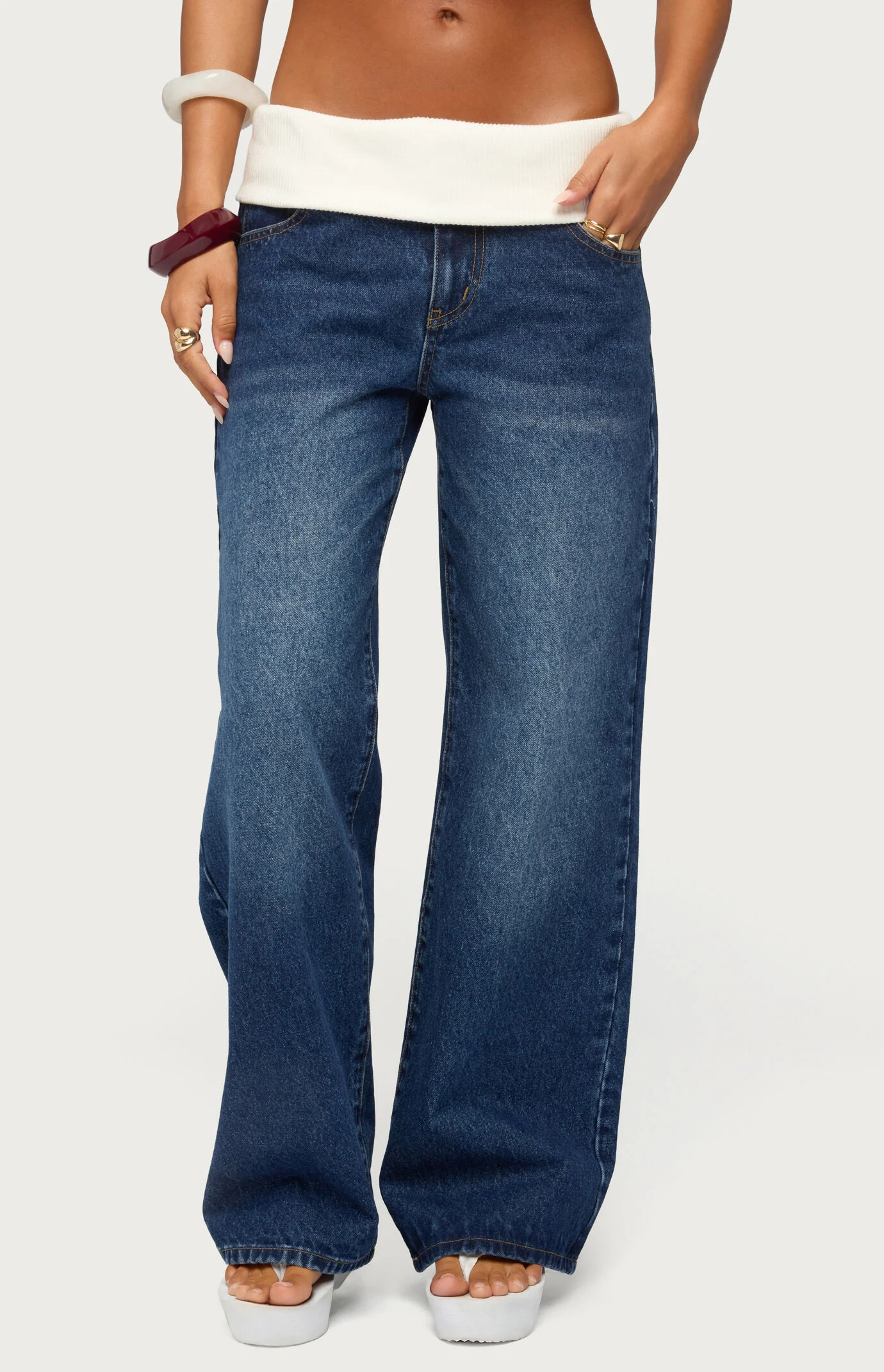 Edikted Knit Foldover Low Rise Baggy Jeans