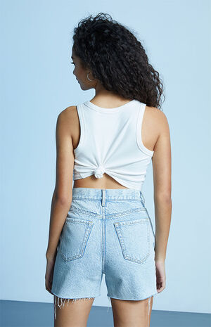 Eco Light Blue Raw Cut '90s Girlfriend Denim Shorts image number 4