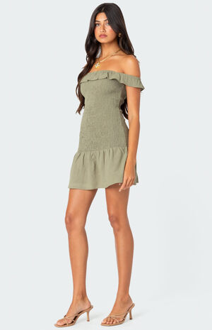 Off Shoulder Scrunched Linen Look Mini Dress image number 3