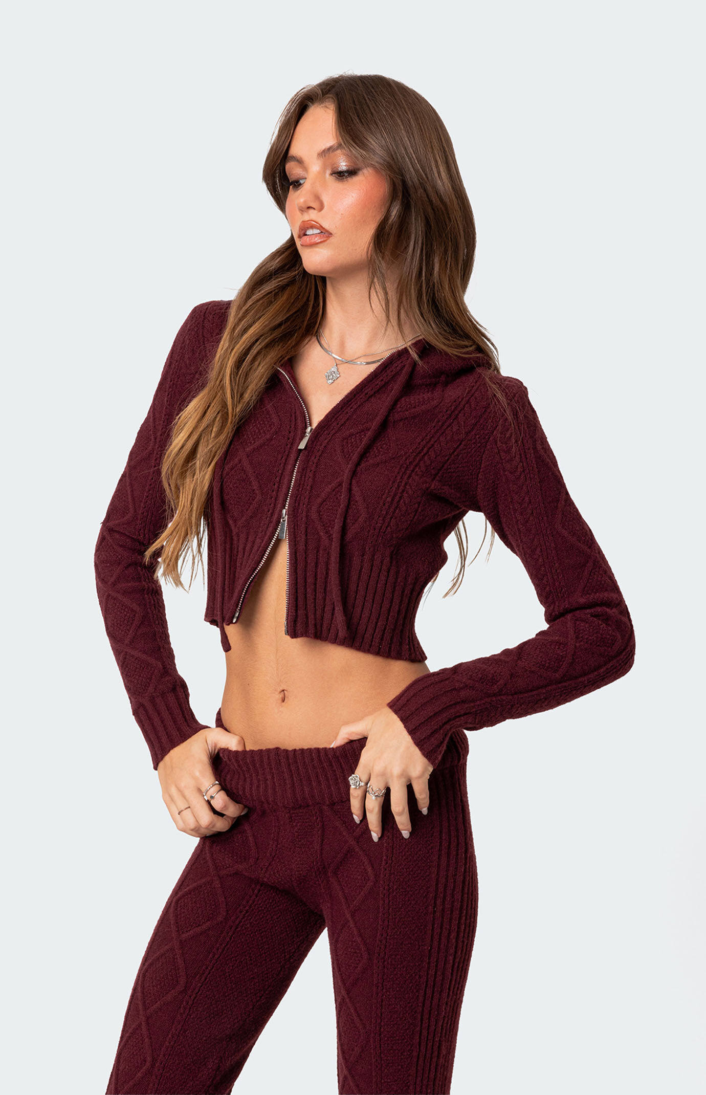 Edikted Ray Cable Knit Hooded Cardigan