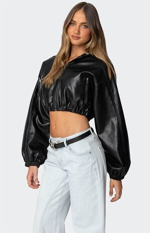 Hooded Faux Leather Cropped Jacket image number 3