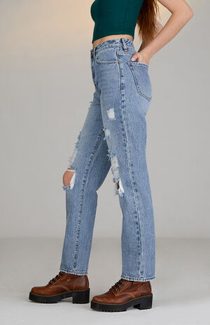 Eco Light Blue Distressed Dad Jeans image number 2