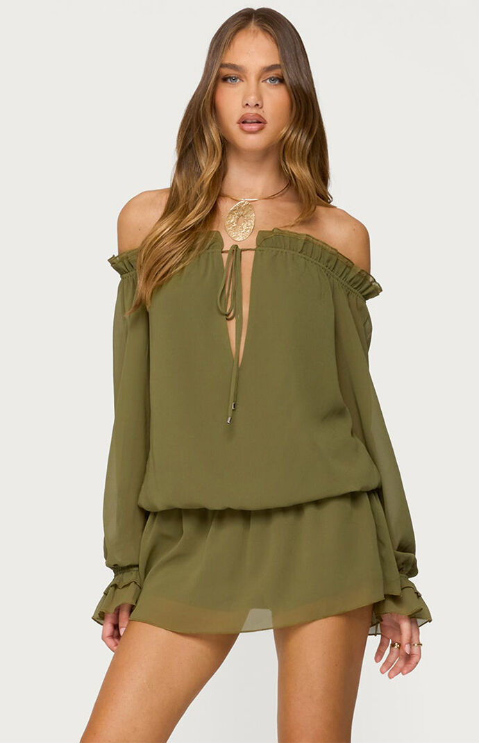 Edikted Delphine Off Shoulder Chiffon Romper | PacSun
