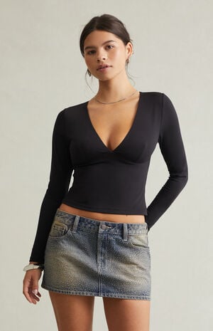 Dark Blue Tint Rhinestone Low Rise Denim Micro Mini Skirt image number 3