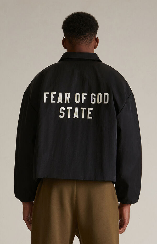 Fear of God Essentials Black Textured Nylon Trucker Jacket | PacSun
