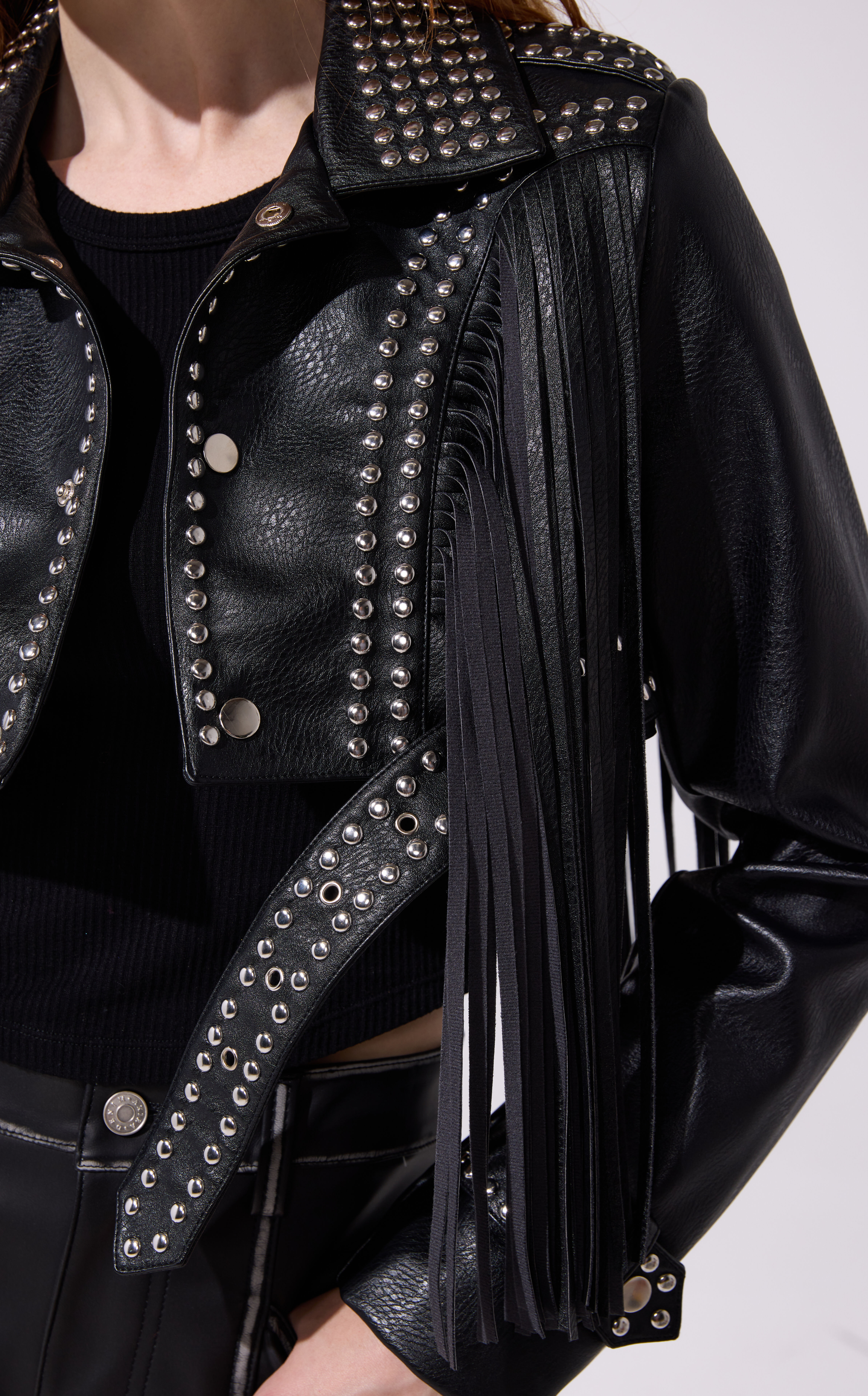 AZALEA WANG Oakly Black Fringe Faux Leather Western Jacket