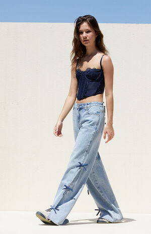 Light Indigo Bow Low Rise Baggy Jeans Light Indigo Bow Low Rise Baggy Jeans image number 3