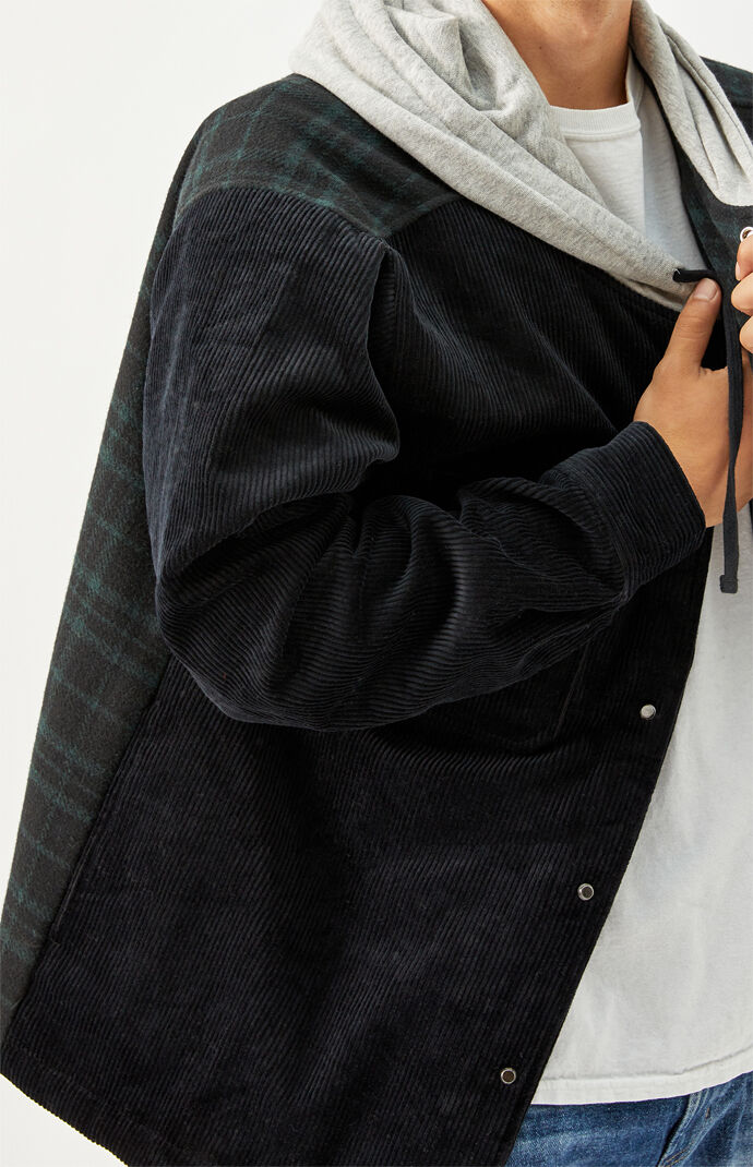 Cord & Plaid Split Hooded Shacket