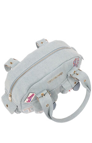 Denim Blue Multi Patch Satchel Bag image number 7