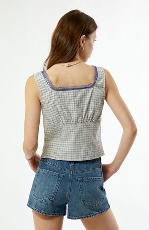 Plaid Button Up Lace Trim Top image number 4