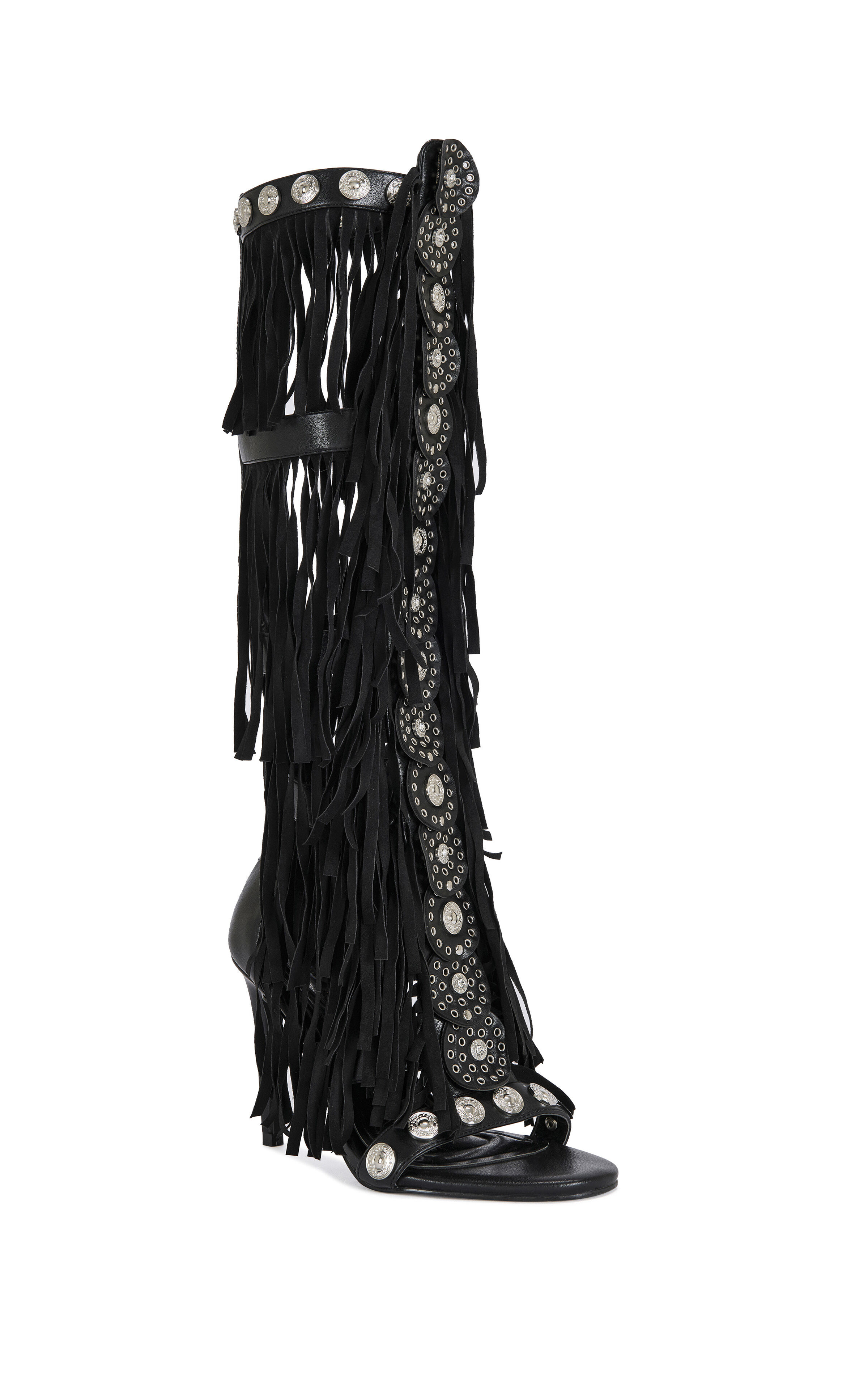 AZALEA WANG Women's Sameya Black Fringe Faux Leather Gladiator Sandal Boots