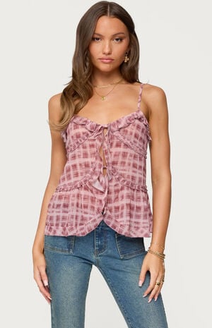 Chiffon Printed Tie Front Ruffle Top image number 1