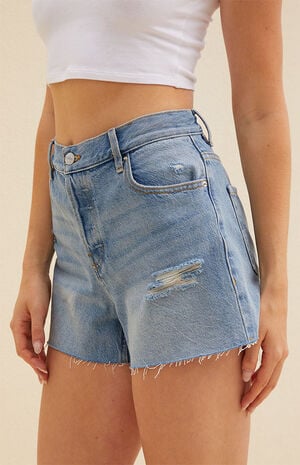 Eco Medium Blue High Waisted Vintage Cut Off Denim Shorts image number 3