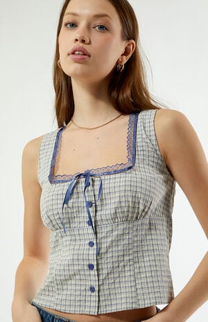 Plaid Button Up Lace Trim Top image number 3