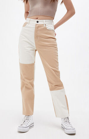 Two-Tone Paneled High Waisted Straight Leg Jeans image number 1