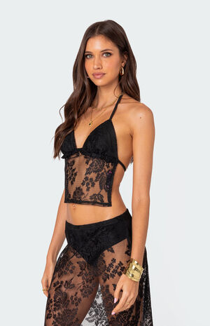 Bess Open Back Sheer Lace Halter Top image number 3