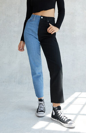 Eco Black Two-Tone High Waisted Straight Leg Jeans image number 1