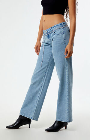 Eco Light Indigo Chain Belt Low Rise Wide Leg Jeans image number 3