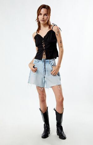 Linen Lace Up Ruched Top image number 4