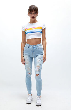 Light Blue Distressed High Waisted Jeggings Light Blue Distressed High Waisted Jeggings image number null