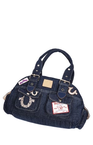 Dark Denim Multi Patch Satchel Bag image number 9