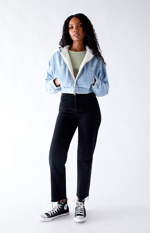 Light Indigo Hooded Sherpa Cropped Jacket Light Indigo Hooded Sherpa Cropped Jacket image number null