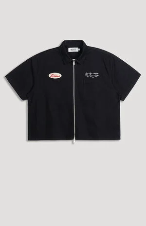 Zip Up Short Sleeve Cropped Oversized Shirt image number 1