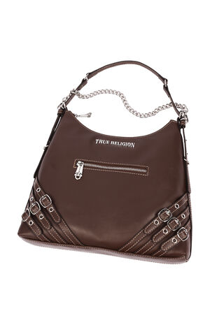 Chocolate Triple Straps Large Faux Leather Hobo Bag image number 8