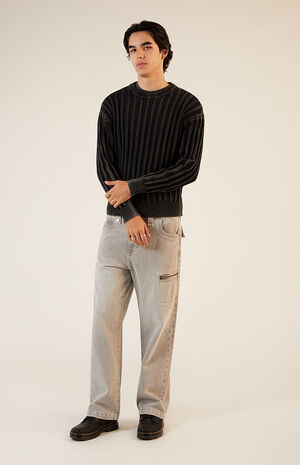 Black Wide Ribbed Knit Crew Neck Sweater image number 4