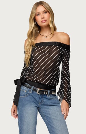 Diagonal Striped Off Shoulder Chiffon Top image number 1