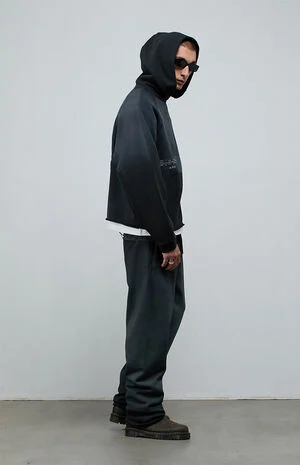 Black Vintage Wash Heavyweight Raglan&nbsp;Cutoff&nbsp;Oversized Fleece Hoodie image number 6