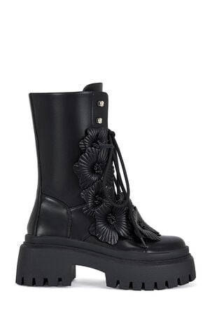 Women's Devoir Black 3D Flower Combat Boots image number 1