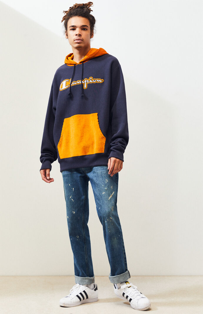 champion corduroy piecing pullover hoodie