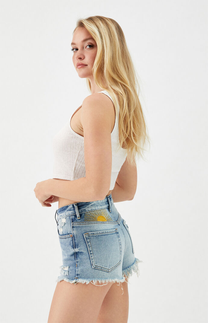 Sun Embroidery High Waisted Denim Festival Shorts
