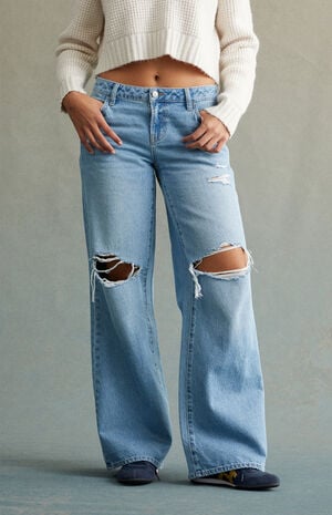 Light Indigo Ripped Low Rise Baggy Jeans image number 2